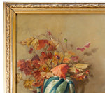 Fine Antique 1917 Artist Signed 24.5" Oil Painting on Canvas, Vase & Fruit Still Life, Gilt Frame