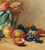 Fine Antique 1917 Artist Signed 24.5" Oil Painting on Canvas, Vase & Fruit Still Life, Gilt Frame