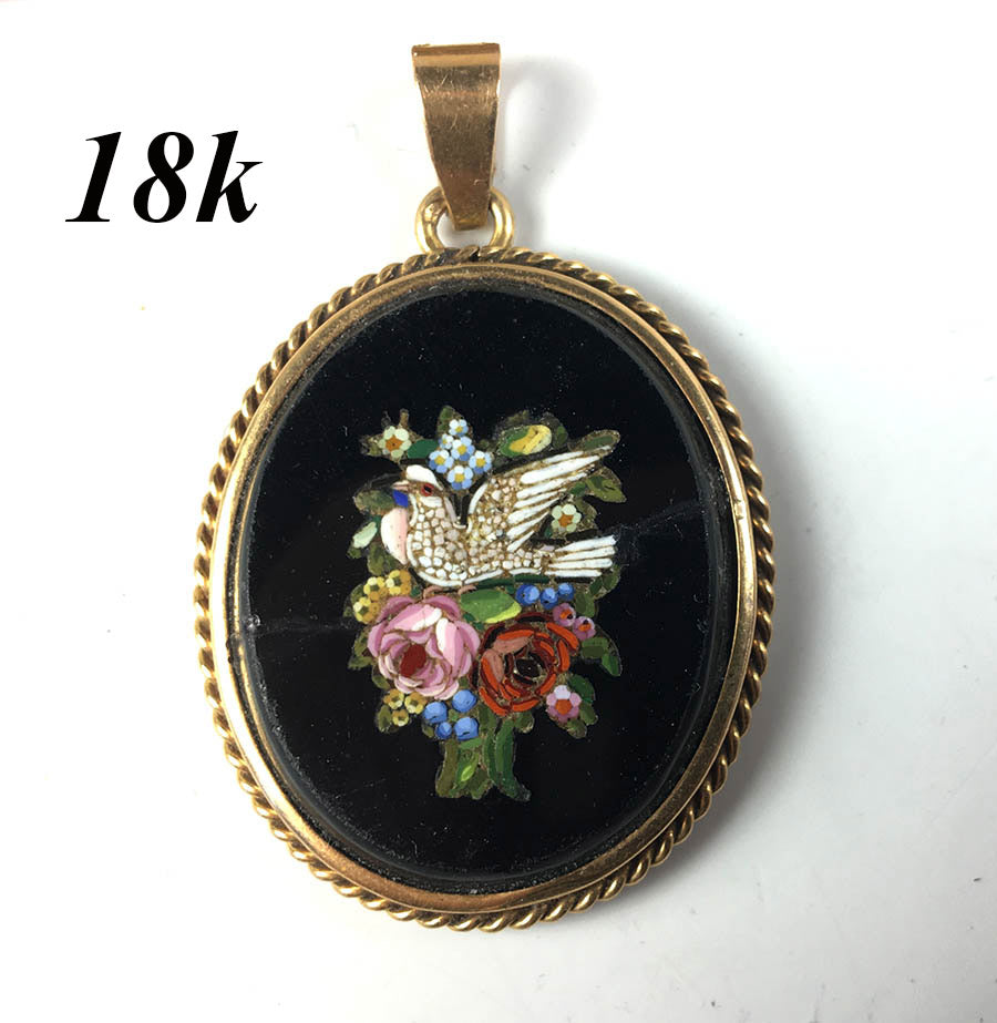 Antique 19th Century Italian Micro Mosaic 18k Mounted Flower and Dove Pendant, Grand Tour Souvenir