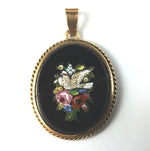Antique 19th Century Italian Micro Mosaic 18k Mounted Flower and Dove Pendant, Grand Tour Souvenir