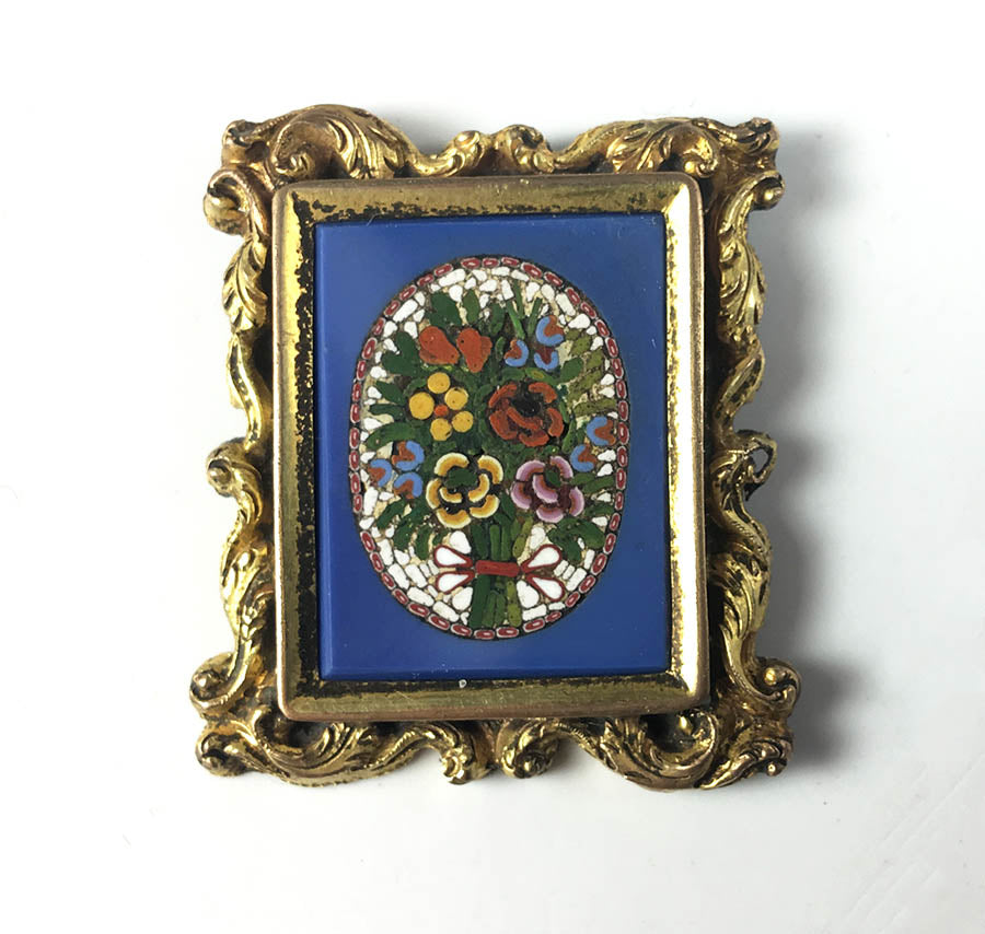 Antique 19th Century Italian Micro Mosaic Mounted Plaque with Floral Bouquet, Grand Tour Souvenir