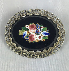 Antique Edwardian Era Italy Micro Mosaic Plaque in Large .800/1000 Silver Brooch Mount