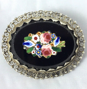 Antique Edwardian Era Italy Micro Mosaic Plaque in Large .800/1000 Silver Brooch Mount