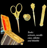 Antique c.1810 French Empire Sewing Etui, Case in Tortoise Shell Pique of Gold, Silver, Tools Inside