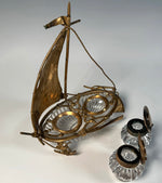 Antique c.1850s French Baccarat Double Well Inkwell, Sailboat with Anchor, Sailor's Hat lids Glass & Brass