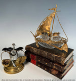 Antique c.1850s French Baccarat Double Well Inkwell, Sailboat with Anchor, Sailor's Hat lids Glass & Brass