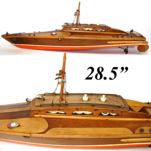 Unique Vintage Hand Made 28.5" Yacht, Boat in 2-Tone Veneers & Amazing Detail