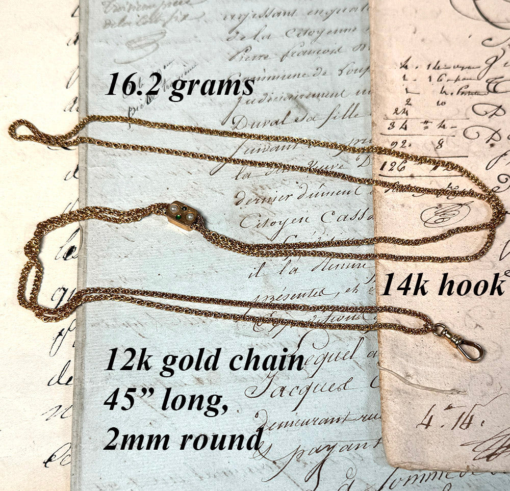 Antique 45" Fob Chain, 12k Gold with Jeweled Slide and 14k Clasp, In Original French Watch Chain Box