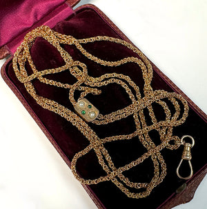 Antique 45" Fob Chain, 12k Gold with Jeweled Slide and 14k Clasp, In Original French Watch Chain Box