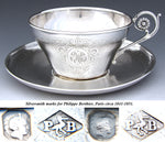 Antique French Sterling Silver Oversized Coffee or Chocolate Cup & Saucer Set, Guilloche Style