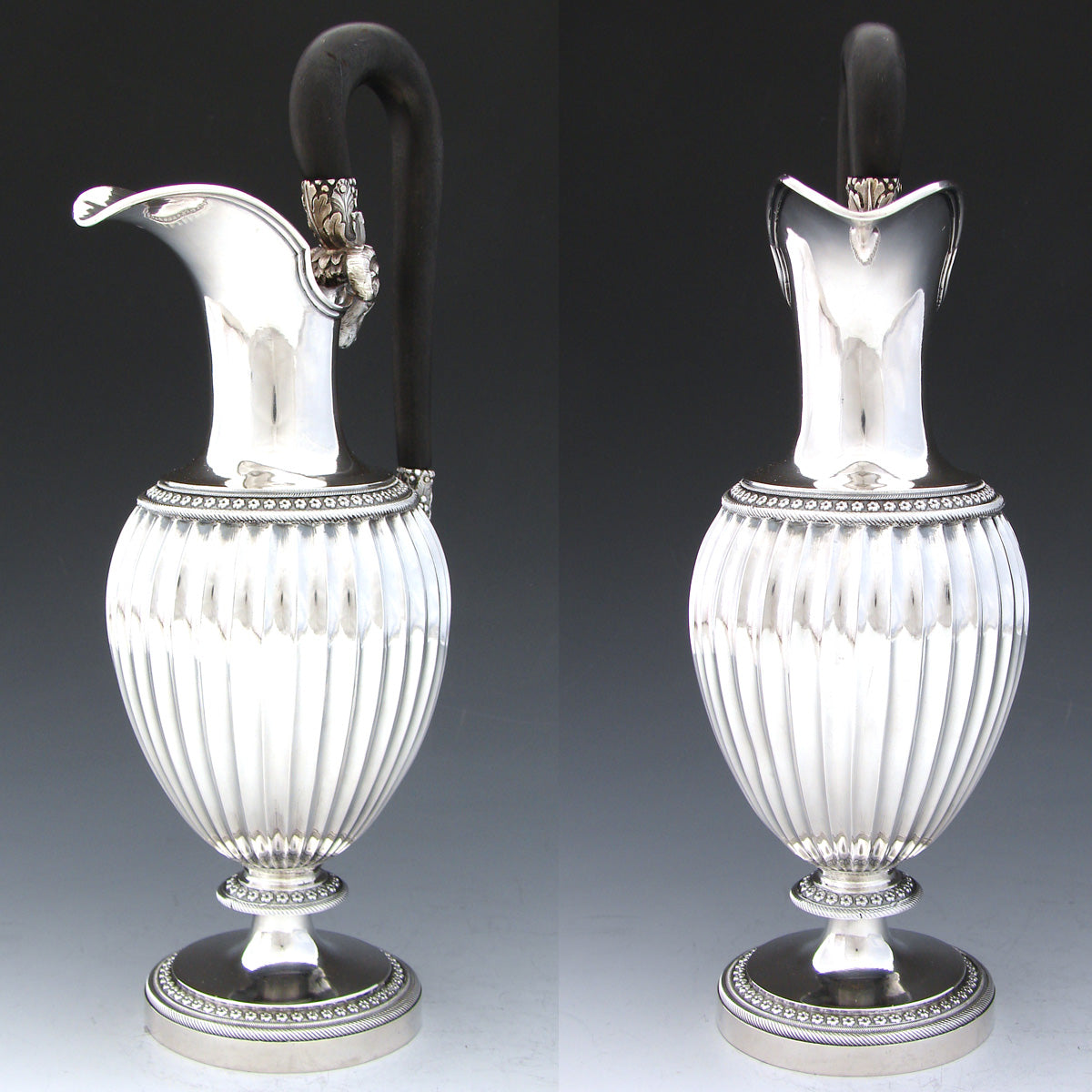 Antique French 1798-1809 Sterling Silver 14oz Ewer, Claret Jug, Empire Style Ram's Head & Ribbed Body