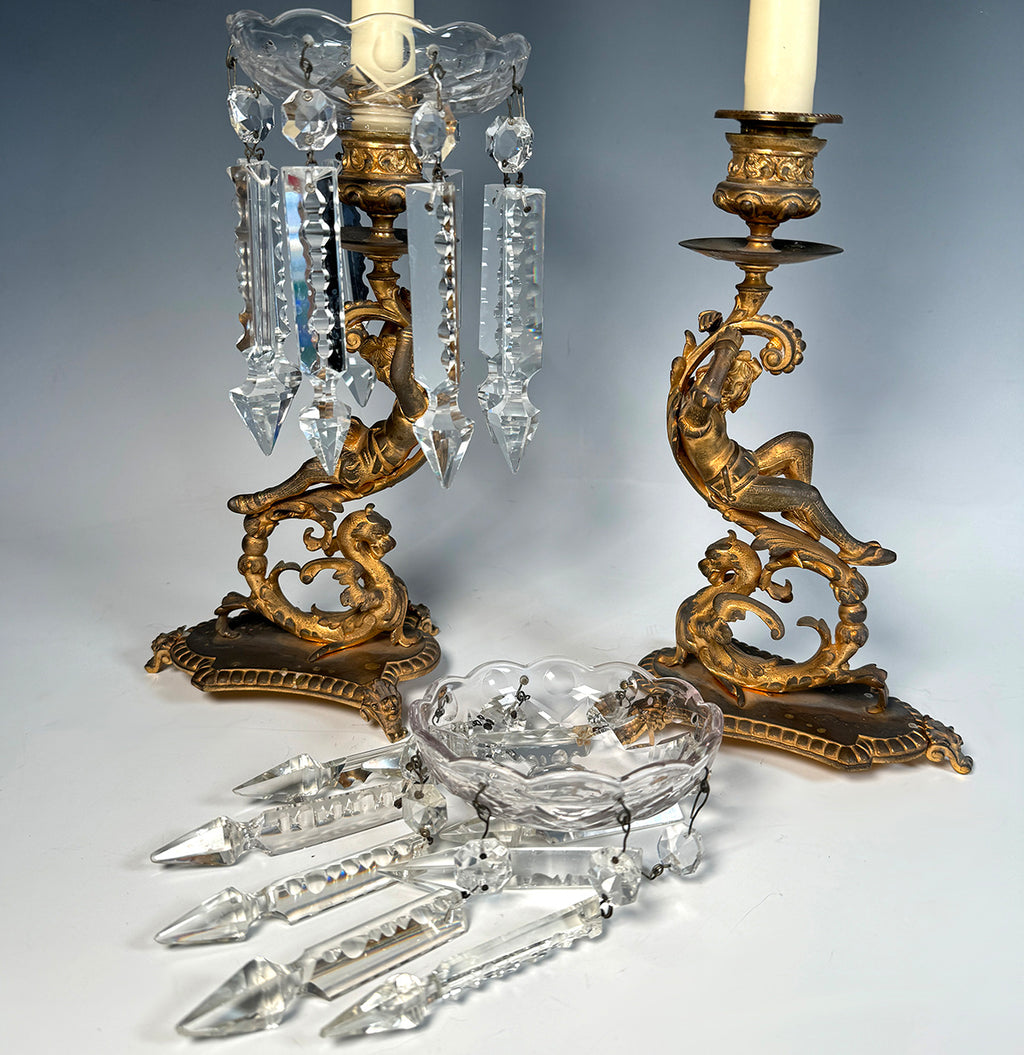 Elegant Antique French Neo-Renaissance Figural Candlestick Pair, Griffen, Fine Crystal Drop Bobeche