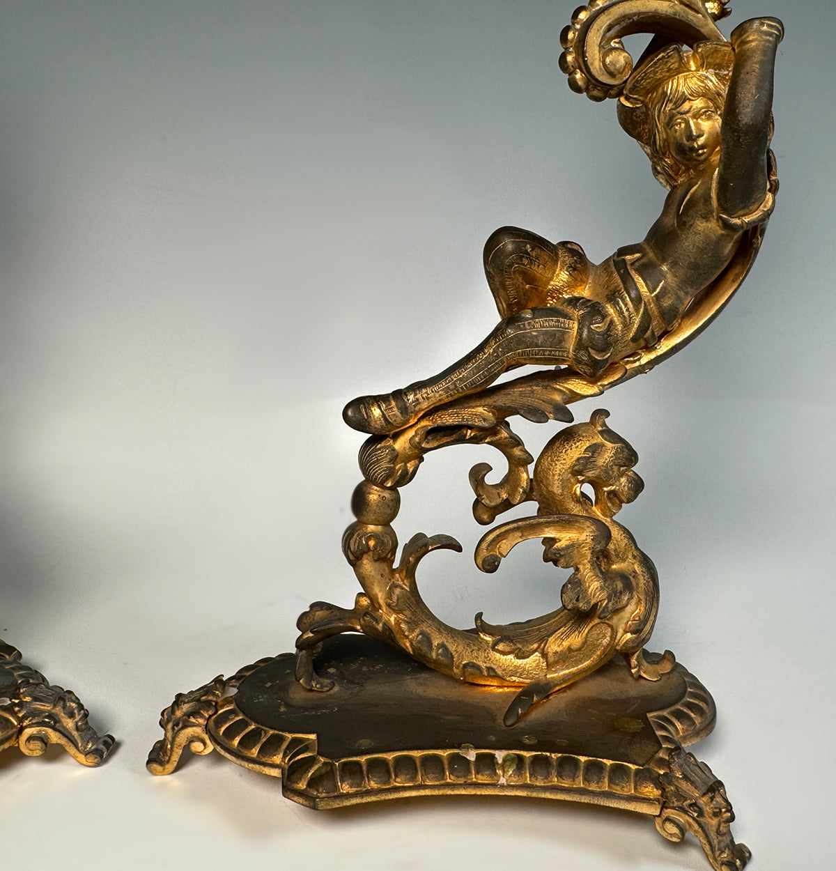 Elegant Antique French Neo-Renaissance Figural Candlestick Pair, Griffen, Fine Crystal Drop Bobeche