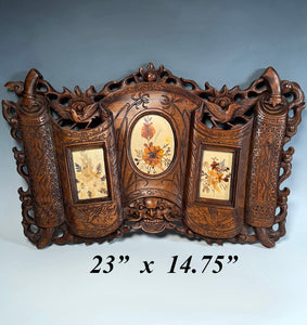 Antique Hand Carved Wood Carte de Visite Photo Frame, 3 Apertures, Birds, Figures, 23" x 14.75"