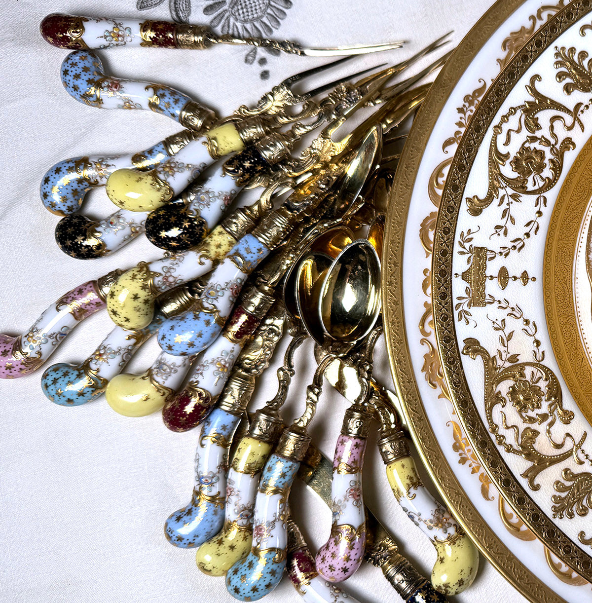 Antique 25pc Dresden Raised Gold Enamel Porcelain Handled .800/1000 Gilt Silver Dessert Set