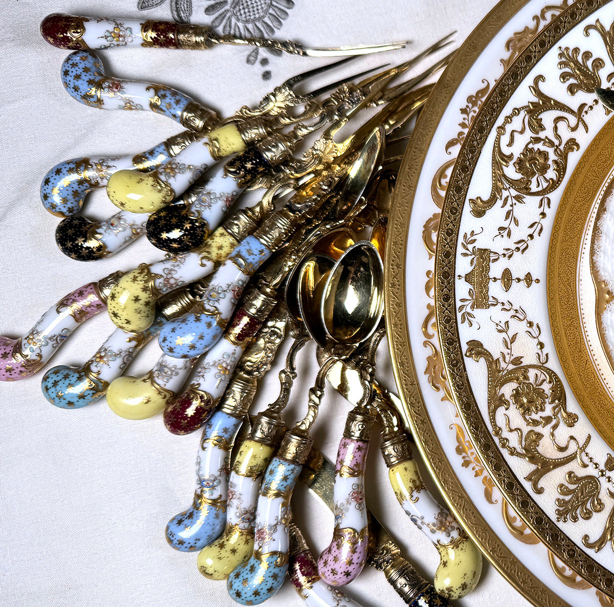 Antique 25pc Dresden Raised Gold Enamel Porcelain Handled .800/1000 Gilt Silver Dessert Set
