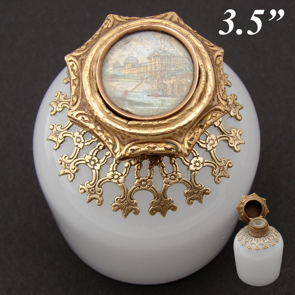 Lg Antique French White Opaline Cologne or Perfume Bottle, Eglomise Architectural Scene