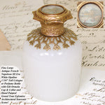 Lg Antique French White Opaline Cologne or Perfume Bottle, Eglomise Architectural Scene