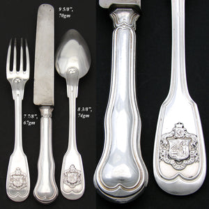 Antique French Sterling Silver 3pc Dinner Sized Flatware Set for One, Armorial Crown Top Crests