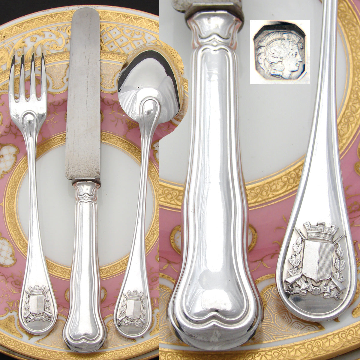 Antique French Sterling Silver 3pc Flatware Set for One, Crown Top Armorial Crest