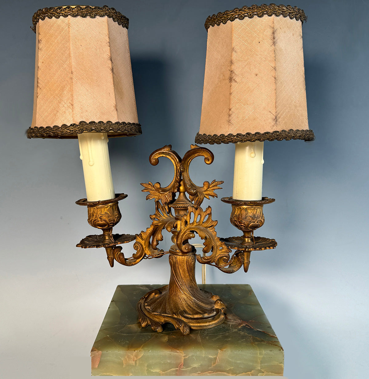 Antique French 19th Century Art Nouveau Bronze Candlestick Lamp Conversion, Marble Base Silk Shades
