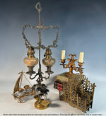 Antique French 19th Century Art Nouveau Bronze Candlestick Lamp Conversion, Marble Base Silk Shades