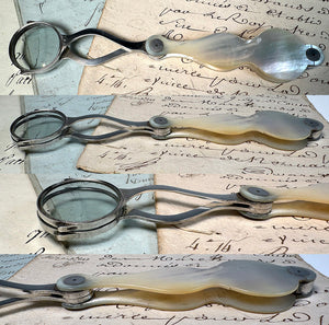 Large Antique French 18th Century Lorgnette, Mother of Pearl and Nickel Silver, Opens to 8.75"