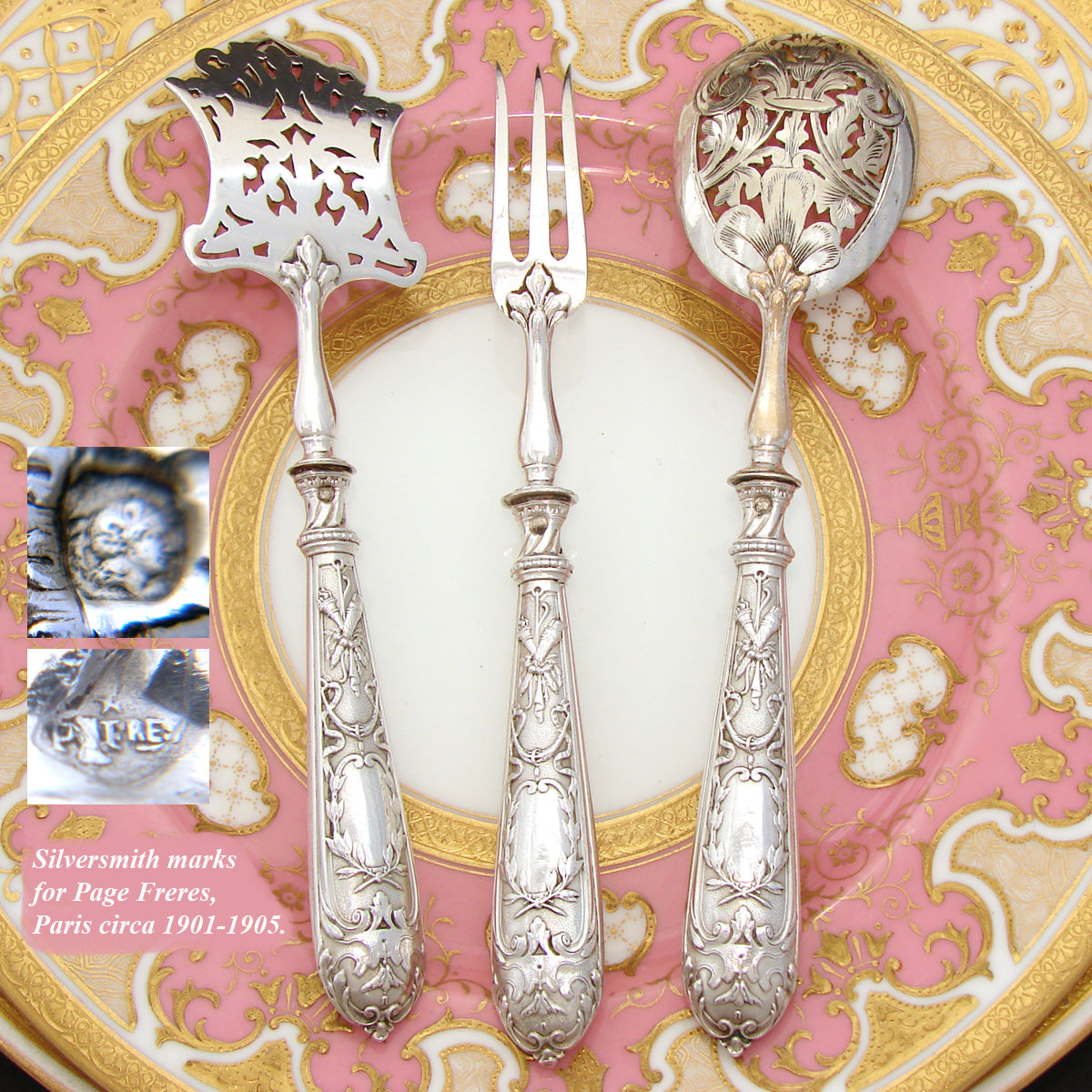 Antique French Sterling Silver 3pc Condiment or Hors D'Oeuvre Set, Empire Revival Crossed Toch & Quiver