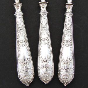 Antique French Sterling Silver 3pc Condiment or Hors D'Oeuvre Set, Empire Revival Crossed Toch & Quiver