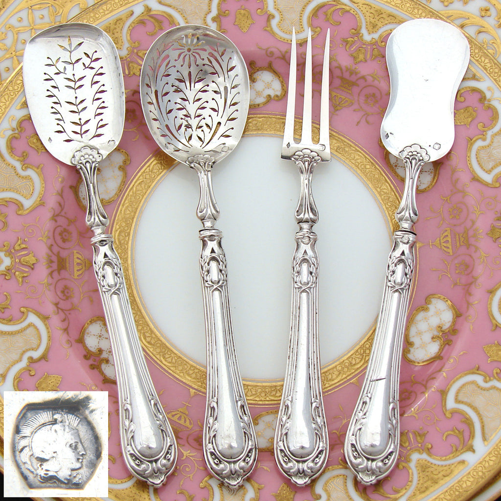 Antique French .800 (nearly sterling) Silver 4pc Condiment or Hors D'Oeuvre Set, Scrolling Pattern