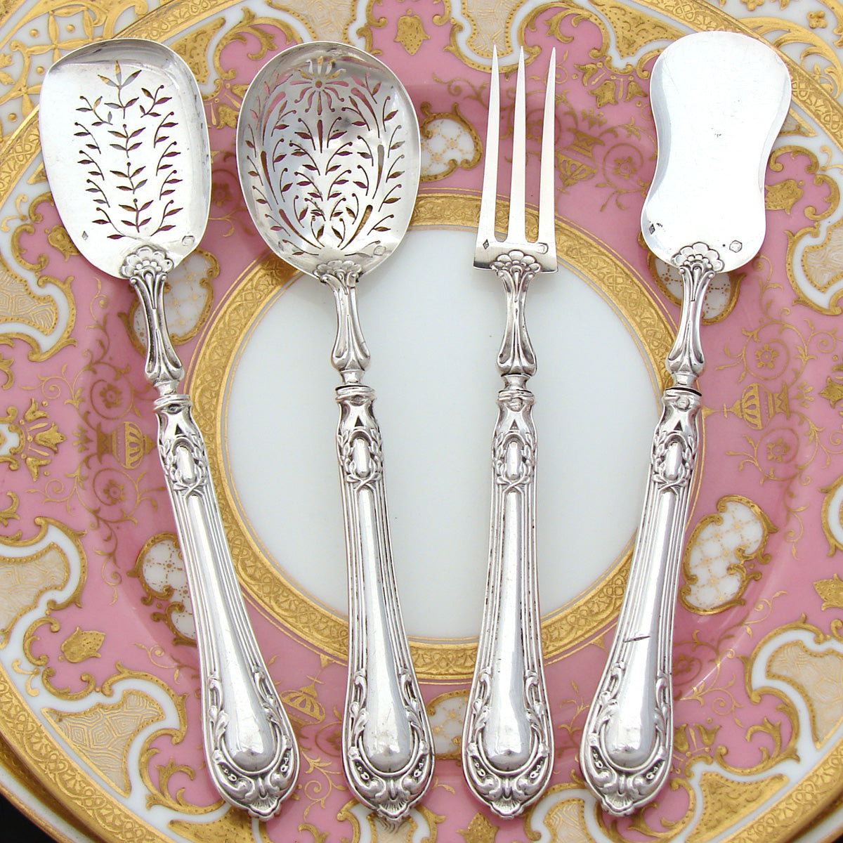 Antique French .800 (nearly sterling) Silver 4pc Condiment or Hors D'Oeuvre Set, Scrolling Pattern