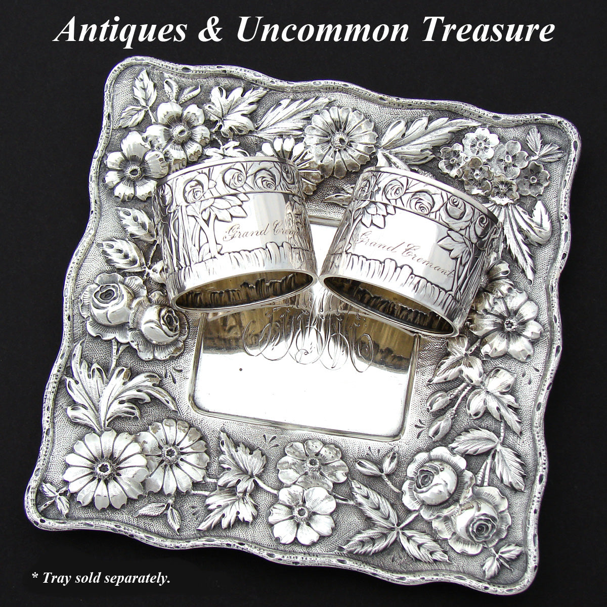 Antique Continental .800 Silver Napkin Ring Pair, Ornate Floral & "Grand Cremant" Engravings