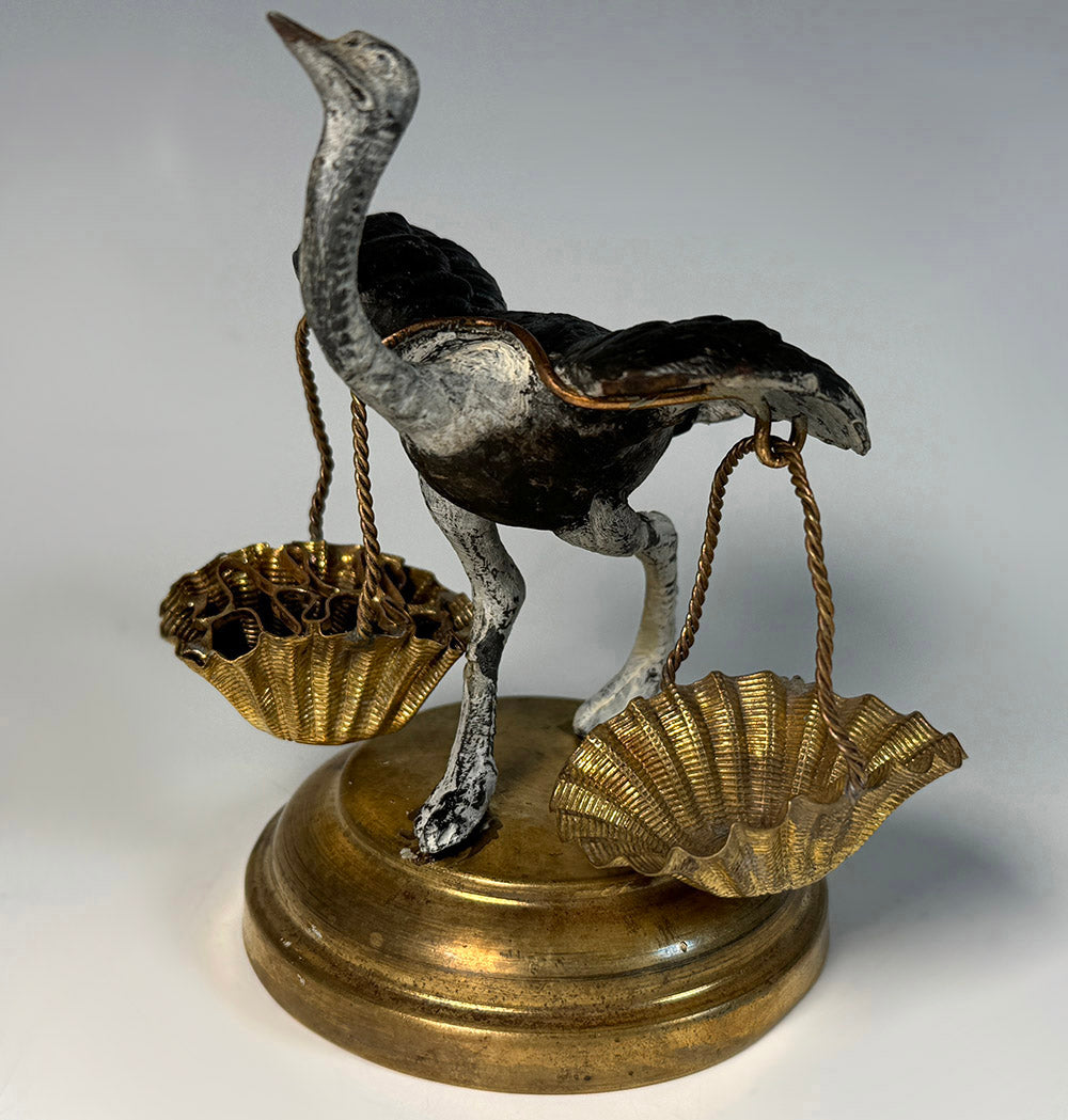 Antique French Palais Royal Ostrich Stand with 2 Woven Wire Baskets, Toothpick, Matches, Open Salt?