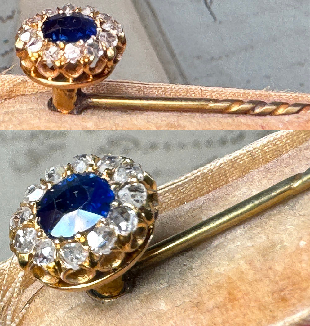 Antique Mine Cut 5mm Sapphire and Diamonds 14k Stick Pin, Brooch in Original Presentation Box