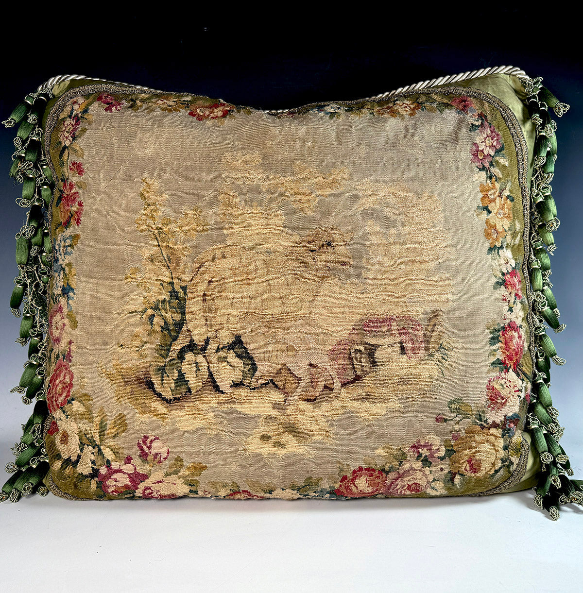 Opulent Large Antique 18th Century French Aubusson Tapestry Pillow #10, Sheep Pair, 32" x 27" + Fringe