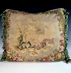 Opulent Large Antique 18th Century French Aubusson Tapestry Pillow #10, Sheep Pair, 32" x 27" + Fringe