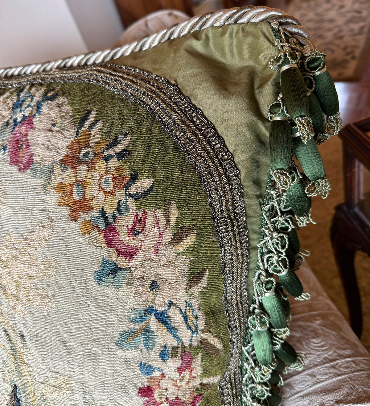 Opulent Large Antique 18th Century French Aubusson Tapestry Pillow #1, Birds, 25" x 25" + Fringe