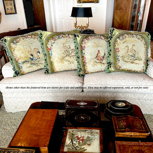 Opulent Large Antique 18th Century French Aubusson Tapestry Pillow #1, Birds, 25" x 25" + Fringe