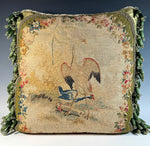 Opulent Large Antique 18th Century French Aubusson Tapestry Pillow #2, Crane, 24" x 25" + Fringe