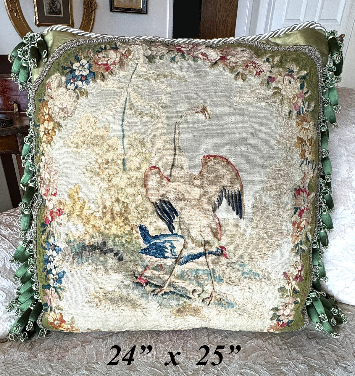 Opulent Large Antique 18th Century French Aubusson Tapestry Pillow #2, Crane, 24" x 25" + Fringe
