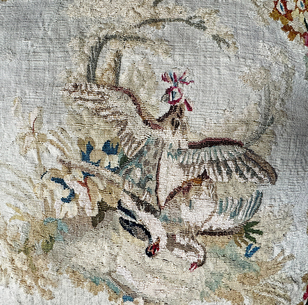 Opulent Large Antique 18th Century French Aubusson Tapestry Pillow #3, Falcon, Dove, 26" x 27" + Fringe