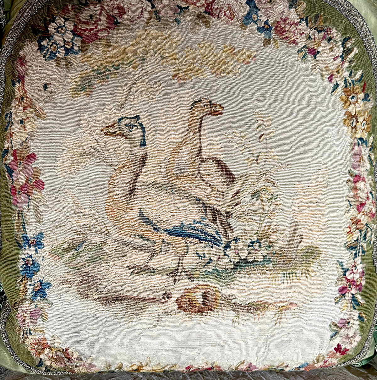 Opulent Large Antique 18th Century French Aubusson Tapestry Pillow #4, Ducks, 27" x 27" + Fringe