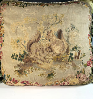 Opulent Large Antique 18th Century French Aubusson Tapestry Pillow #5, Squirrels, 28" x 27" + Fringe