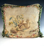 Opulent Large Antique 18th Century French Aubusson Tapestry Pillow #6, Deer, 29" x 27" + Fringe