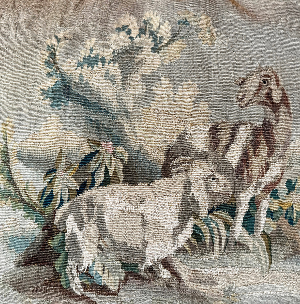 Opulent Large Antique 18th Century French Aubusson Tapestry Pillow #7, Goat Pari, 30" x 27" + Fringe
