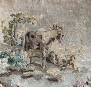 Opulent Large Antique 18th Century French Aubusson Tapestry Pillow #8, Donkeys, 29" x 26.5" + Fringe