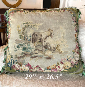 Opulent Large Antique 18th Century French Aubusson Tapestry Pillow #8, Donkeys, 29" x 26.5" + Fringe