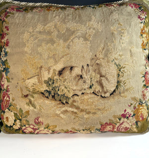 Opulent Large Antique 18th Century French Aubusson Tapestry Pillow #9, Pair Rabbits, 25" x 25" + Fringe
