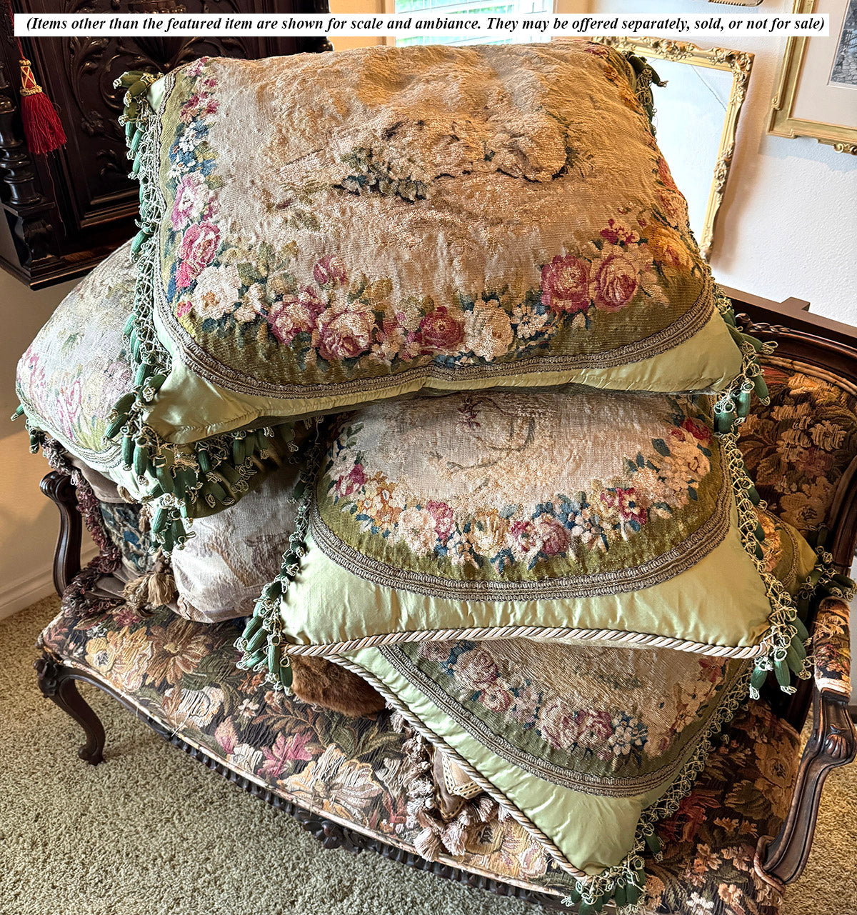 Opulent Large Antique 18th Century French Aubusson Tapestry Pillow #9, Pair Rabbits, 25" x 25" + Fringe