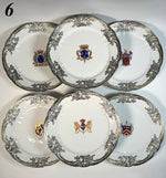 RARE Antique French 9.5" Plate Set, 6 Hand Painted Royal Crests and Heavy Silver Encrustation